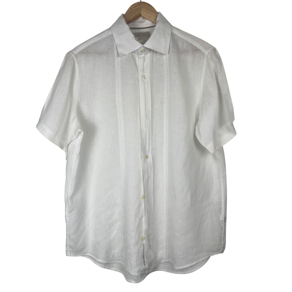 Banana Republic Mens White Linen Short Sleeve Embroidered Guayabera Shirt Size M